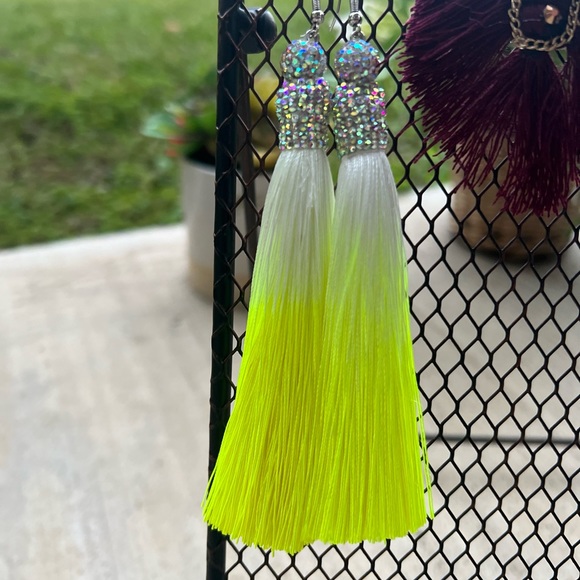 Jewelry - Handmade Neon yellow bling tassel earring